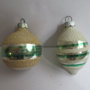 Shiny Brite Glass Christmas Ornament Teardrop & Round Mica Green Striped Vintage